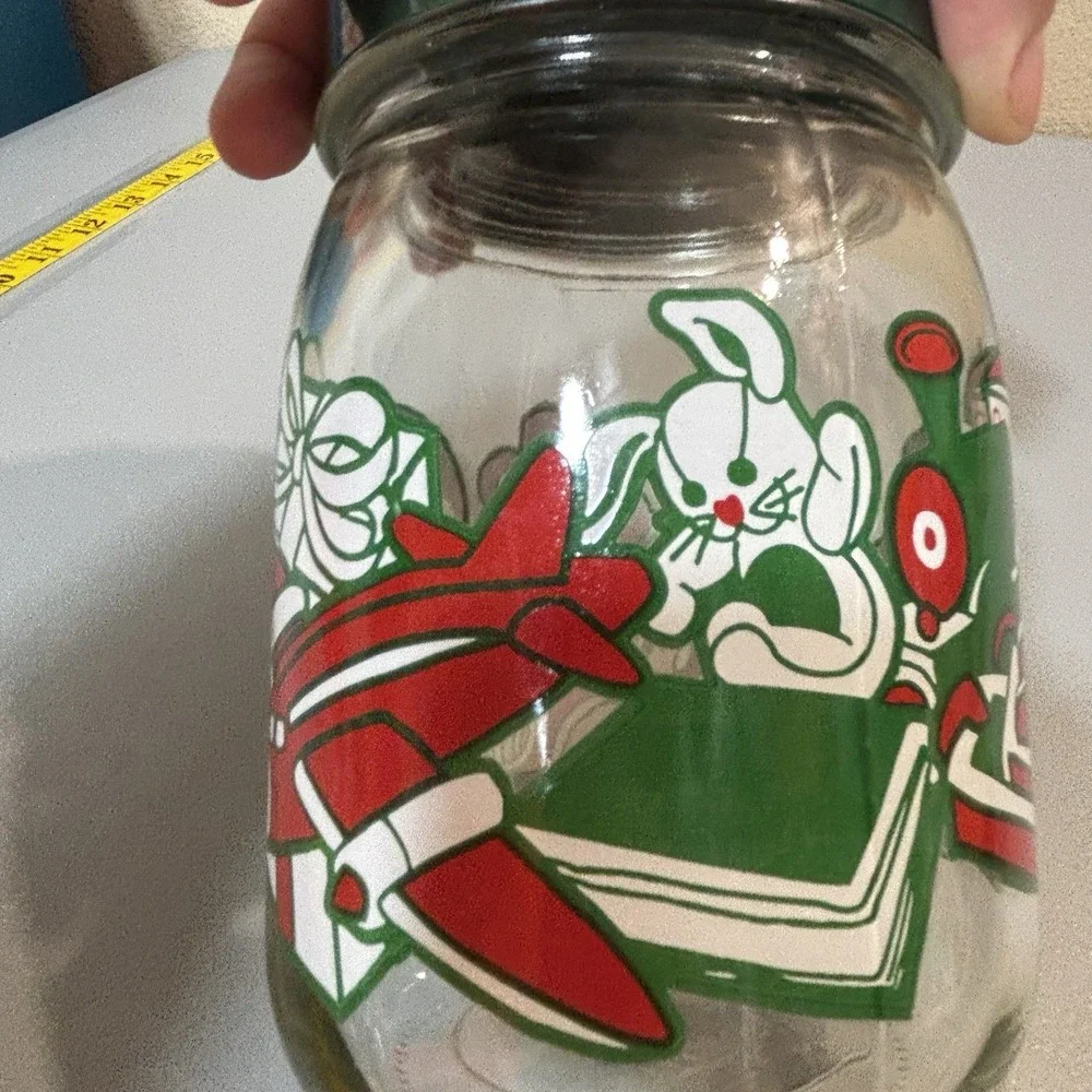 Anchor Hocking Christmas Canister Candy Jar Glass Green Lid Holiday Toys 1980's